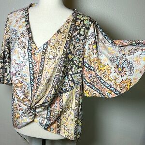 JUDITH MARCH High Low Hem Top Tunic‎ Women L Boho Knot Front V Neck Bell Sleeve